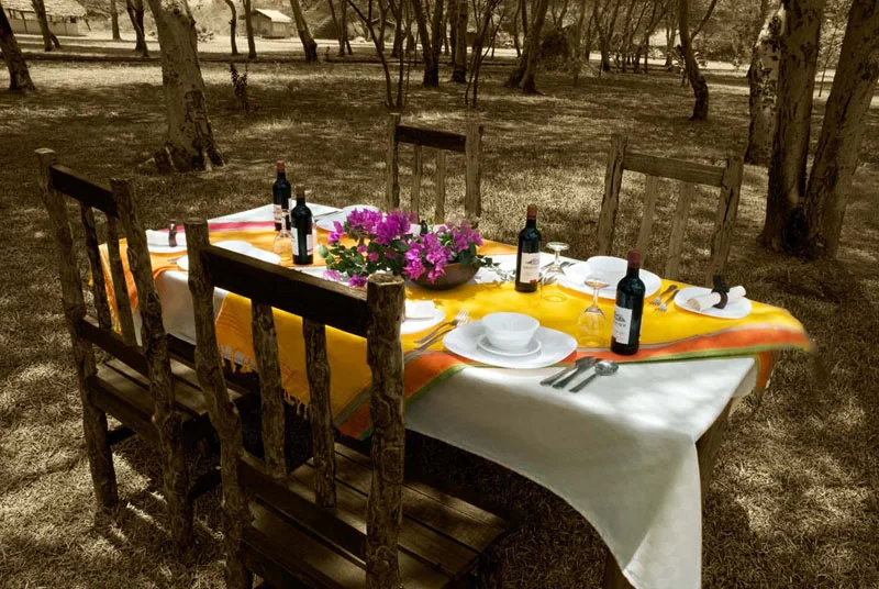 A table laid with white linen and bougainvillea under the trees