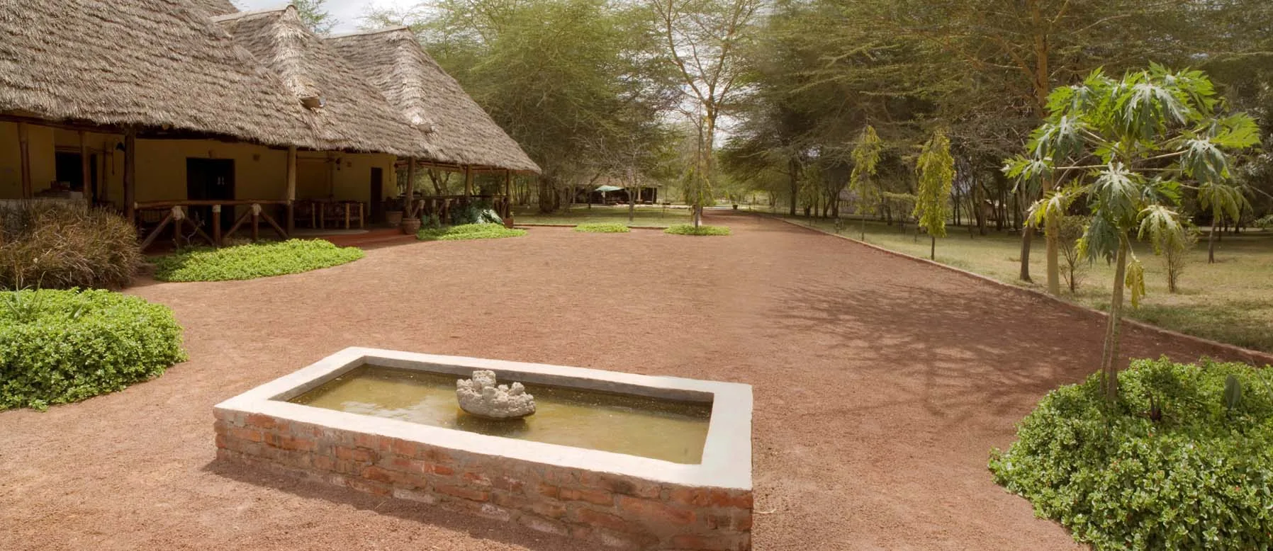 The thatched main lodge and welcome courtyard